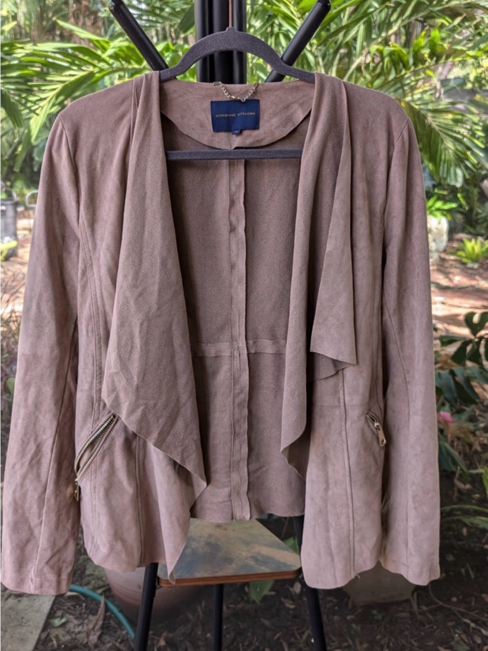 Adrienne Vittadini Taupe Faux Suede Drape Jacket Open Zip Pocket Moto Blazer